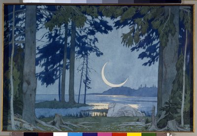 Måneskinn over Ilmensjøen. Sett for operaen Sadko av Nicholas (Nikolai) Rimsky Korsakov (Rimsky-Korsakov) (1844-1908) (Natt ved innsjøen Ilmen. Scenografi for operaen Sadko av N. Rimsky-Korsakov (Rimsky Korsakov). Verk av Ivan Yakolevich Bilibi av Ivan Yakovlevich Bilibin