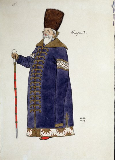Kostymetegning for operaen ""den gyldne hane"" av Nicholas (Nikolai) Rimsky Korsakov (Rimsky-Korsakov) (1844-1908) (Kostumedesign for operaen Den gyldne hane av N. Rimsky-Korsakov (Rimsky). Korsakov) .Tegning av Ivan Yakolevich Bilibin (Bilibin) (1876- av Ivan Yakovlevich Bilibin