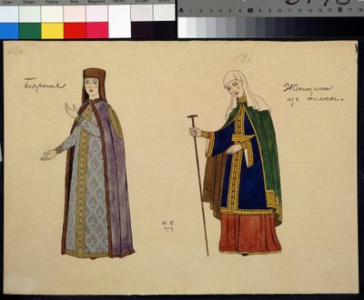 Kostymedesign for operaen Den gyldne hane av Nicolas (Nikolai) Rimsky Korsakov (Rimsky-Korsakov) (1844-1908)) (Kostumedesign for operaen Den gyldne hane av N. Rimsky-Korsakov (Rimsky Korsakov). Maleri av Ivan Yakolevich Bilibin (Bilibin) (1876-1). av Ivan Yakovlevich Bilibin