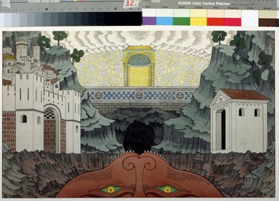 Forberedende tegning til stykket ""Le miracle de Theophile"" av Rutebeuf (1230-1285) (Scenedesign for stykket Le Miracle de Theophile av Rutebeuf). Maleri av Ivan Yakolevich Bilibin (Bilibin) (1876-1942). Akvarell og blekk på papir, 39,5 x 64 cm av Ivan Yakovlevich Bilibin