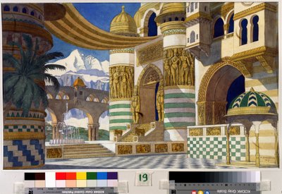 Forberedende tegning til dekoren av operaen "Rouslan og Ludmila" av Mikhail Igor Glinka (1804-1857) (Scenedesign for operaen Ruslan og Ludmila av M.Glinka). Maleri av Ivan Yakolevich Bilibin (Bilibin) (1876-1942). Akvarell og blekk på papir, 3 av Ivan Yakovlevich Bilibin