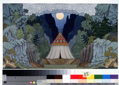 Forberedende tegning til settet til operaen ""den gyldne hane"" av Nicholas (Nikolai) Rimsky Korsakov (Rimsky-Korsakov) (1844-1908) (Scenedesign for operaen The Golden Cockerel av N. Rimsky-Korsakov (Rimsky Korsakov) Tegning av Ivan Yakolevich Bilibin (Bil av Ivan Yakovlevich Bilibin