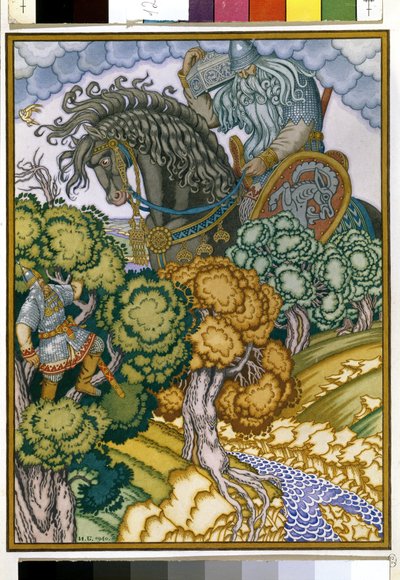 Ilia av Murom som sitter i et tre observerer returen til kjempen som bærer en krystallkiste. Illustrasjon for ""Ilia Muromets og Sviatogor"". Verk av Ivan Yakovlevich Bilibin (Bilibin) (1876-1942), akvarell og gouache på papir av Ivan Yakovlevich Bilibin