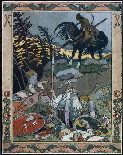 Illustrasjon til eventyret Maria des mers (Illustrasjon til eventyret Marya Morevna). Prins Ivan oppdager hæren beseiret av Maria Morevna, krigerdronningen. Verk av Ivan Yakovlevich Bilibin (Bilibin) (1876-1942), akvarell og blekk på papir av Ivan Yakovlevich Bilibin