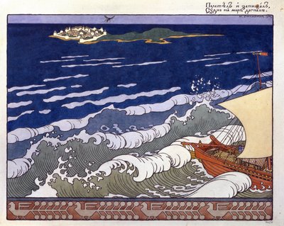 Båten setter kursen mot en øy, guidet av en humleflukt. Illustrasjon for ""Tale of Tsar Saltan"" av Alexander Pushkin (1799-1937). Verk av Ivan Yakovlevich Bilibin (Bilibin) (1876-1942), akvarell og gouache på papir av Ivan Yakovlevich Bilibin