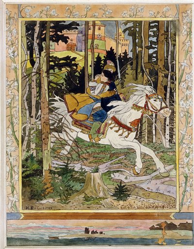 Prins Ivan. (Ivan Tsarevich). Helter fra russiske folklorelegender, rir på en hvit hest i skogen, flykter fra et slott og klemmer Vassilisa La Tres Belle i armene hennes. Illustrasjon av Ivan Yakovlevich Bilibin (Bilibin) (1876-1942), akvarell av Ivan Yakovlevich Bilibin
