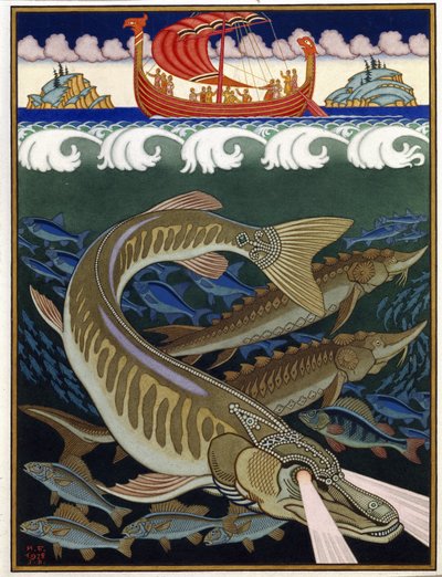 Havets imperium (Sea Empire). Russisk tradisjonell fortelling. Verk av Ivan Yakovlevich Bilibin (Bilibin) (1876-1942), akvarell og gouache på papir av Ivan Yakovlevich Bilibin