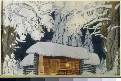 Trehus i den snødekte skogen. Scenery for skuespillet ""Commander Suvorov"". Verk av Ivan Yakovlevich Bilibin (Bilibin) (1876-1942), akvarell og gouache på papir av Ivan Yakovlevich Bilibin