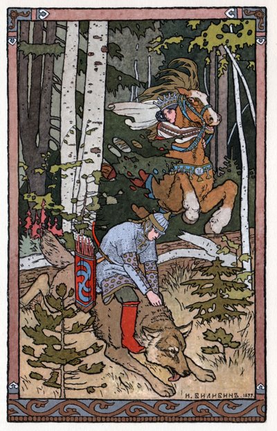 Tsarevitch Ivan, Ildfuglen og den grå ulven, ca. 1899 (litografi) av Ivan Yakovlevich Bilibin