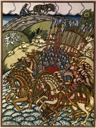 Volga Sviatoslavich (Vseslav de Polotsk (vers 1039-1101), storprins de Kiev de 1068 a 1069) og Mikula Selyaninovich (?). Oeuvre de Ivan Yakovlevich Bilibin (Bilibin) (1876–1942), litografi av Ivan Yakovlevich Bilibin