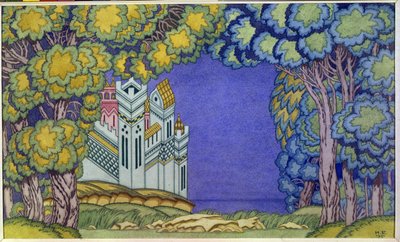 Dekor av opera for "The Tale of the Tsar Saltan", Island Buyan av Nicholas (Nikolai) Rimsky Korsakov (Rimsky-Korsakov) (1844-1908) av Ivan Yakovlevich Bilibin