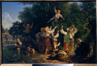 Plukke kirsebær i en eiers frukthage i Ukraina. Maleri av Ivan Ivanovich Sokolov (1823-1918), olje på lerret av Ivan Ivanovich Sokolov