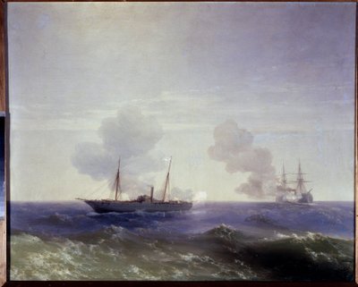 Russisk-tyrkisk (russisk-tyrkisk) krig 1877-1878: Sjøslaget mellom den russiske krysseren Vesta og den tyrkiske jernkledde Fethi Bulend i Svartehavet, 11. juli 1877 (Sjøslaget mellom den russiske krysseren Vesta og den jernkledde Fethi Det gjorde Bulend av Ivan Konstantinovich Aivazovsky