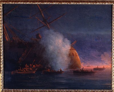 Russisk-tyrkisk (russisk-tyrkisk) krig 1877-1878: angrepet av russiske seilbåter på det tyrkiske dampslagskipet Assari Shevket, ved Svartehavet, 12. august 1877 (Angrep av russiske kuttere på det tyrkiske dampslagskipet Assari Shevket i Svartehavet 12. aug av Ivan Konstantinovich Aivazovsky