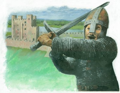 En normannisk soldat som angriper med en "og en halv hånd", et tohånds bredsverd, 1990-tallet av Ivan Lapper