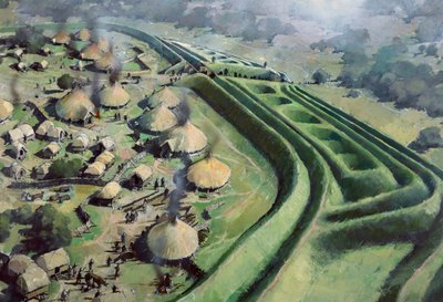 Luftfoto av inngangen til Old Oswestry Hill Fort under jernalderen, c1970-2010 av Ivan Lapper