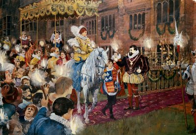 Robert Dudley ønsker dronning Elizabeth I velkommen til Kenilworth Castle, Warwickshire, juli 1575 c2000s av Ivan Lapper