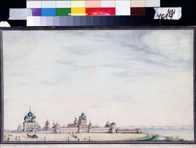 Utsikt over Rostov, Kreml. (Utsikt over Rostov Kreml). Maleri av Ivan Mikhaylovich Belogonov (1800-1871). Akvarell og blekk på papir av Ivan Mikhaylovich Belogonov