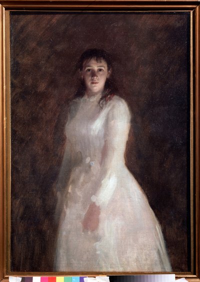 Portrett av en ung dame (Portrett av en ung dame). (kledd i en lang hvit kjole). Maleri av Ivan Nikolayevich Kramskoi (1837-1887), olje på lerret. russisk kunst av Ivan Nikolaevich Kramskoy