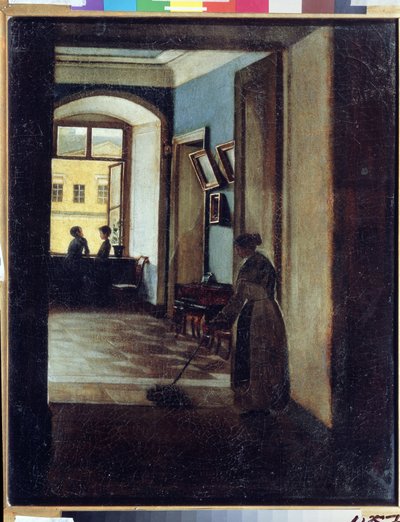 ""Utsikt over et interiør"" En tjener passerer moppen i skyggen av en korridor (av en skole?). Maleri av Ivan Trofimovich Durnov (1801-1847) Statens kunstmuseum i Tatarstan, Kazan av Ivan Trofimovich Durnov