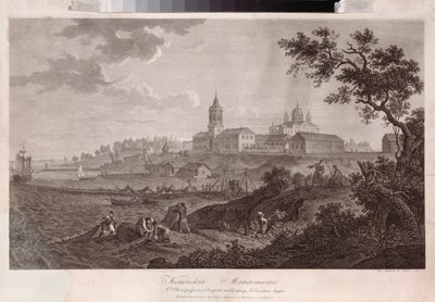 Le monastere Konevsky de la Nativite de la Vierge a Konevets (Konevsky-klosteret for Jomfruens fødsel i Konevets) - Oeuvre de Ivan Vasilievich Chessky (Cheskoy) (1782-1848), dyptrykk av Ivan Vasilievich Chessky