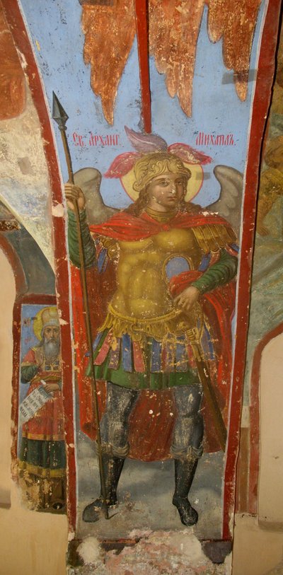 Den hellige erkeengelen Mikael. Freske i katedralen til Vår Frue av Tegnet, Novgorod, tidlig på 1700-tallet. av Ivan Yakovlevich Bakhmatov
