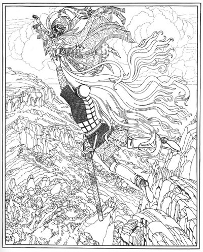 Flight of Chernomor og Ruslan. Illustrasjon til diktet Ruslan og Lyudmila av A. Pushkin, 1918 av Ivan Yakovlevich Bilibin