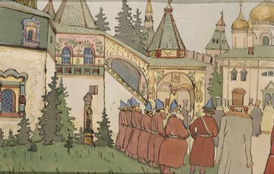 Illustrasjon til eventyret Fjæren til Falken Finist, tidlig på 1900-tallet av Ivan Yakovlevich Bilibin