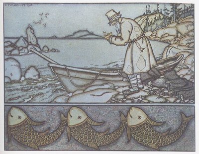 Illustrasjon til historien om fiskeren og fisken av Ivan Yakovlevich Bilibin
