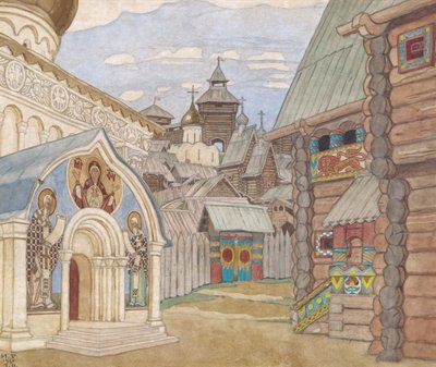Russisk landsby. Scenografi for operaen The Tale of Tsar Saltan av N. Rimsky-Korsakov av Ivan Yakovlevich Bilibin
