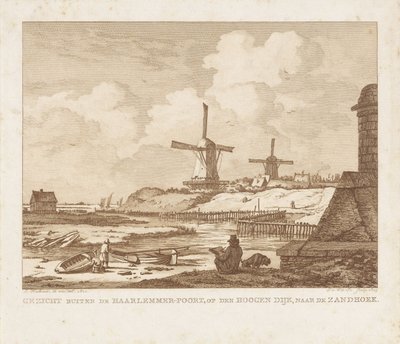 Utsikt utenfor Haarlemmerpoort i Amsterdam med en sittende tegner Utsikt utenfor Haarlemmer-Poort, på Hoogen Dijk, mot Zandhoek (tittel på objekt) av Izaak Jansz. de Wit