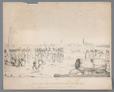 Utsikt over byen Antwerpen dagen etter bombardementet, 28. oktober 1830 (tittel på objekt) av Izaak Schouman