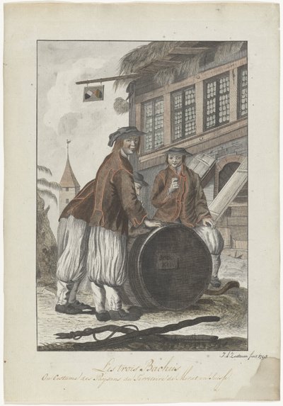 Tre menn i sveitsiske klær foran et hus av J.A. Zoutman