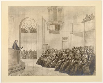 Diaconissen-Kirche, pastor Fliedner forkynte for diakonissene i kapellet i Kaiserswerth, 1840 av J.B. Sonderland