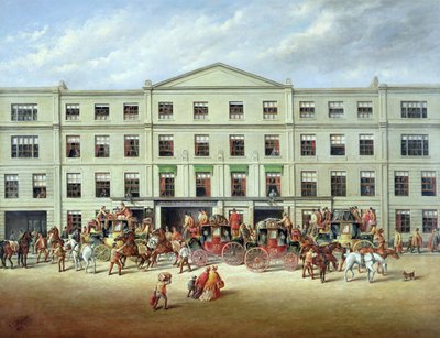 Skifte hester utenfor Plough Inn, Cheltenham, 1870 av J.C. Maggs