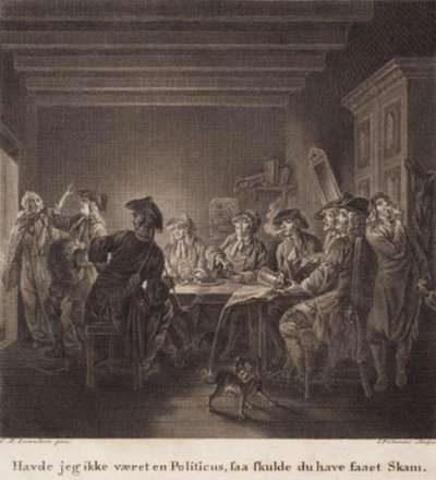 Den politiske pitcheren. «Hadde jeg ikke vært politiker, burde du ha skammet deg». Gravering etter Lorentzens Holberg Galleri. av J.F. Clemens
