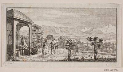 En hageterrasse i Genthod med et spaserende par av J.F. Clemens