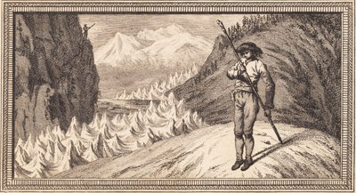 En mann på en snøfelt lener seg på en lang stav av J.F. Clemens