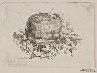 En plate som bærer en bikube, omkranset av roseløv av J.F. Clemens