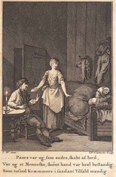 Kokken Marthe kommer inn i stua til Peder Paars og Per Ruus av J.F. Clemens