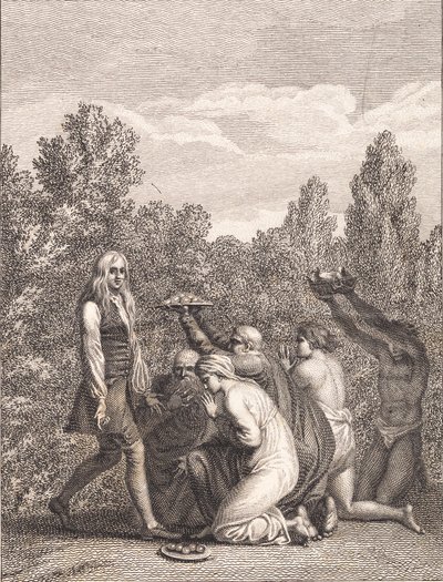 Niels Klim blir hedret av Qvamittene, som gir ham gaver og kneler foran ham av J.F. Clemens
