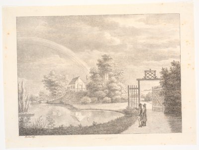 Sanderumgaards hage med regnbue. I forgrunnen to menn ved en port av J.F. Clemens