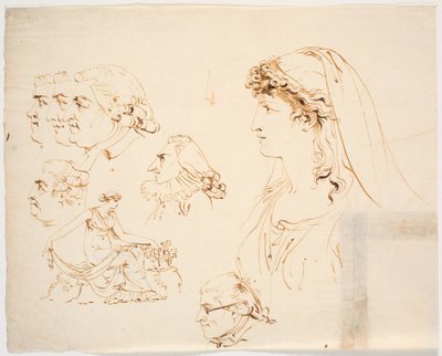 Seks mannlige og en kvinnelige profilhode og kvinne i klassisk kjole plukker blomster av J.F. Clemens