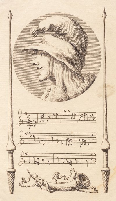 Vignetten. Hodet til en bondegutt mellom to lanser. av J.F. Clemens