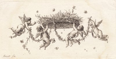 Vignette med rullede blader og bånd av J.F. Clemens