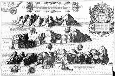 The Island of Saint Helena, illustrasjon fra Linschoten Itinerario, 1596 av J.H. van Linschoten