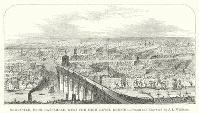 Newcastle, fra Gateshead, med High Level Bridge (gravering) av J.L. (after) Williams