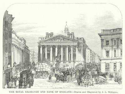 Royal Exchange og Bank of England (gravering) av J.L. (after) Williams