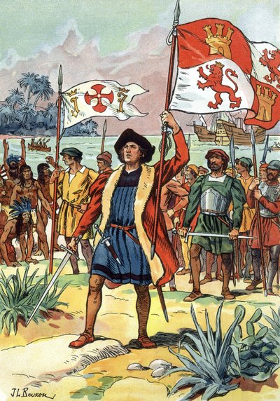 1492: Christopher Columbus ankommer Amerika med spansk flagg av J.L Beuzon (fl.1880 1940)