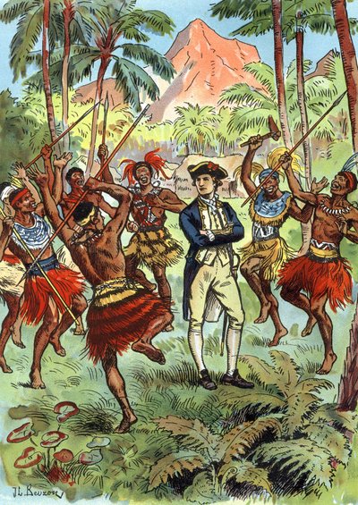 James Cook (1728-1779) og lokalbefolkningen i Hawai av J.L Beuzon (fl.1880 1940)